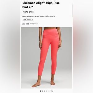 NWOT Lululemon Align Leggings, Size 0, 25 inch inseam